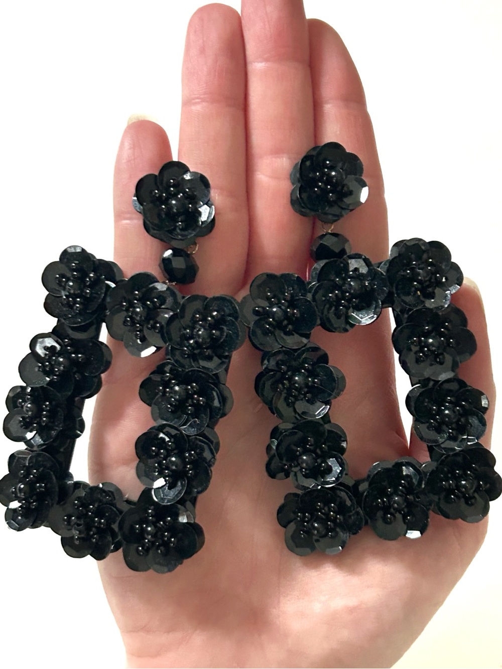 Black Sequin Beaded Flower Statement Dangling Earrings Floral Rectangle Sparkly